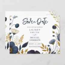 Save the Date Navy Yellow Gold Floral Elegant