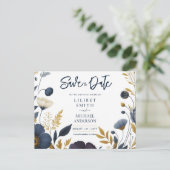 Save the Date Navy Yellow Gold Floral Elegant Postkarte (Stehend Vorderseite)