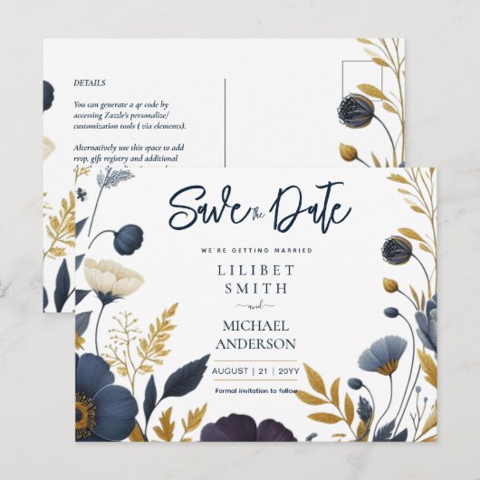 Save the Date Navy Yellow Gold Floral Elegant Postkarte (Vorne/Hinten)