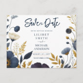 Save the Date Navy Yellow Gold Floral Elegant Postkarte (Vorderseite)