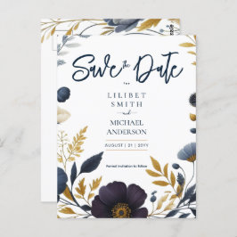 Save the Date Navy Yellow Gold Floral Elegant Postkarte