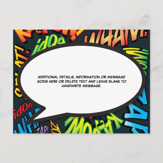 Save the Date Neues Fun Comic Buch Ankündigungspostkarte (Rückseite)