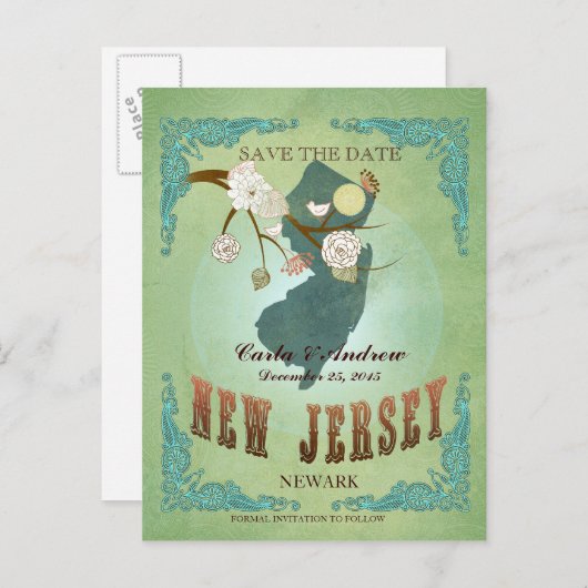Save the Date - New Jersey Map mit schönen Vögeln Ankündigungspostkarte (Vorne/Hinten)