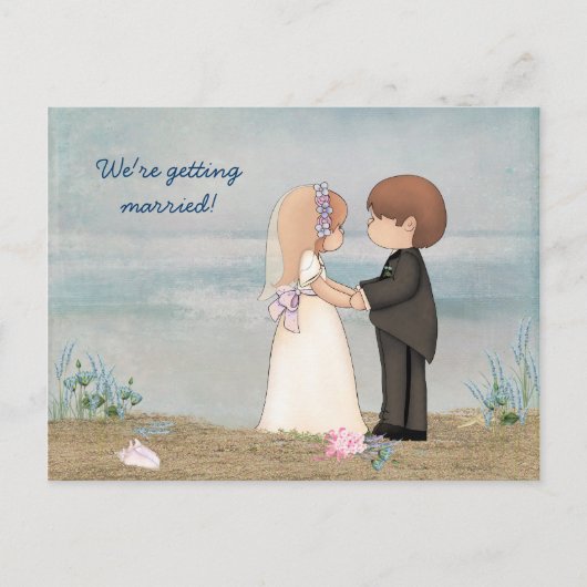 Save the Date niedliches Paar am Strand Ankündigungspostkarte (Vorderseite)