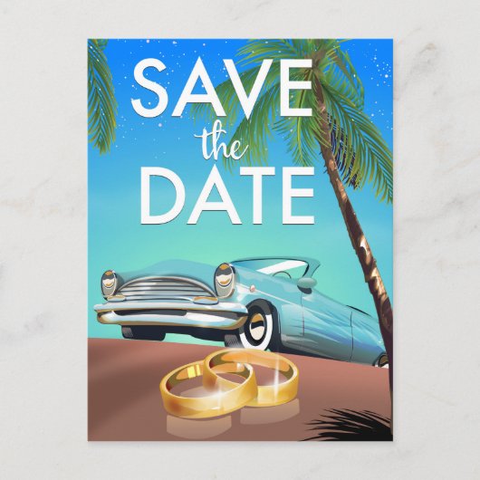Save the Date Oldtimer und Eheringe. Postkarte (Vorderseite)