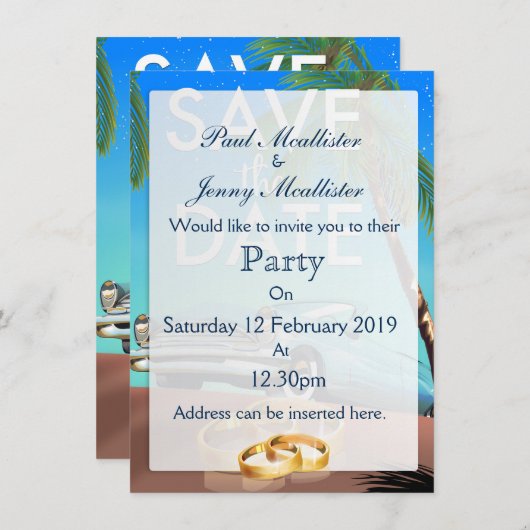 Save the Date Oldtimer und Hochzeitsringe. Einladung (Vorne/Hinten)