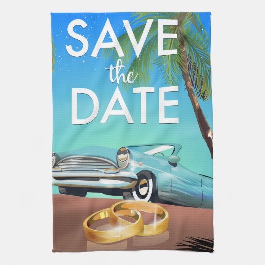 Save the Date Oldtimer und Hochzeitsringe. Geschirrtuch (Vertikal)