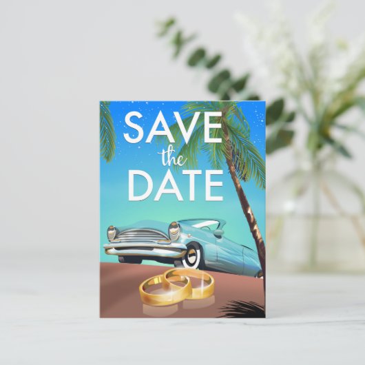 Save the Date Oldtimer und Hochzeitsringe. Postkarte (Stehend Vorderseite)