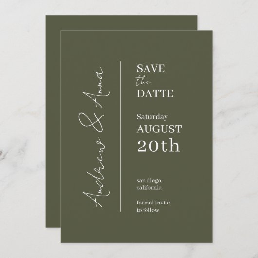 Save the Date Olive Green Card - Charme (Vorne/Hinten)