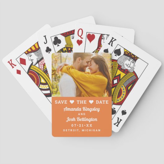 Save the Date Orange Custom Wedding Foto Spielkarten (Rückseite)