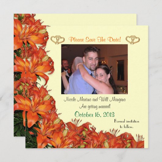 Save the Date orangefarbene Lilien mit Blumenbezug Einladung (Vorne/Hinten)