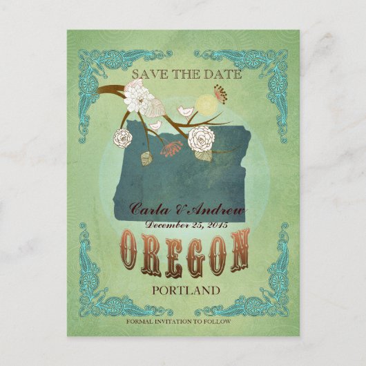 Save the Date - Oregon Karte mit hübschen Vögeln (Vorderseite)