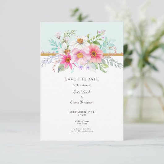 Save the Date Pale Turquoise Wildblume Bouquet (Stehend Vorderseite)