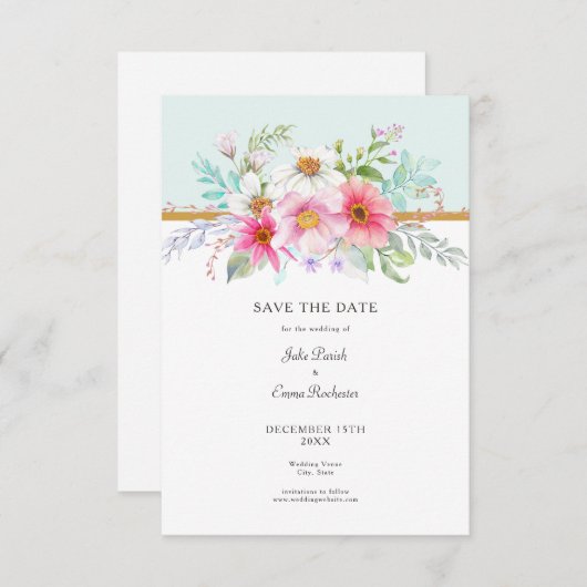 Save the Date Pale Turquoise Wildblume Bouquet (Vorne/Hinten)