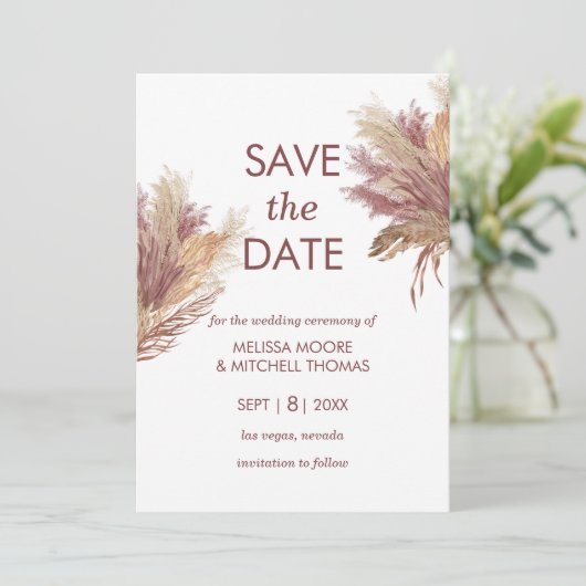 Save the Date pampas elegante boho mauve pink Einladung (Stehend Vorderseite)
