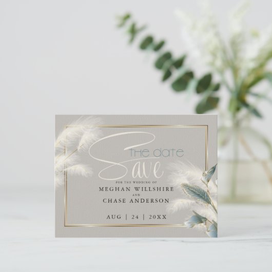 Save the Date Pampas Grass Aquamarin Anthurium Postkarte (Stehend Vorderseite)