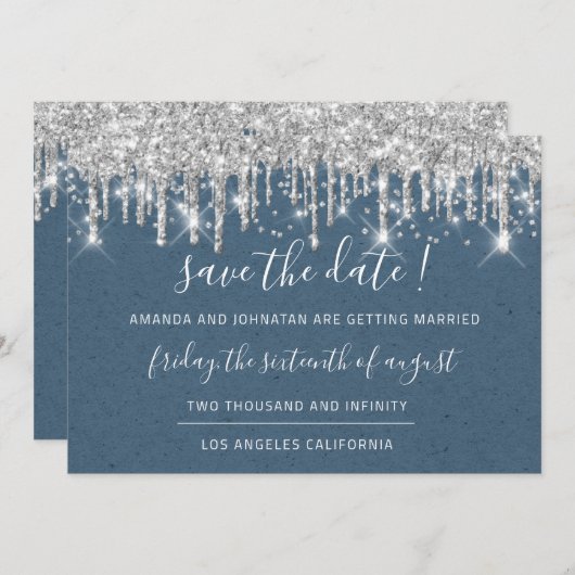 Save the Date Paper Kraft Silver Grau Tropfen Blau (Vorne/Hinten)