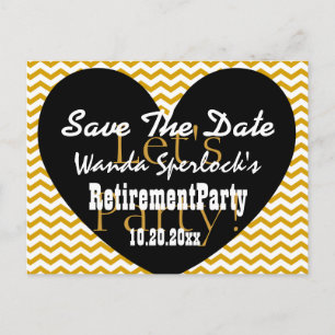Save the Date PARTY RETIREMENT Gold Black Heart V3 Ankündigungspostkarte