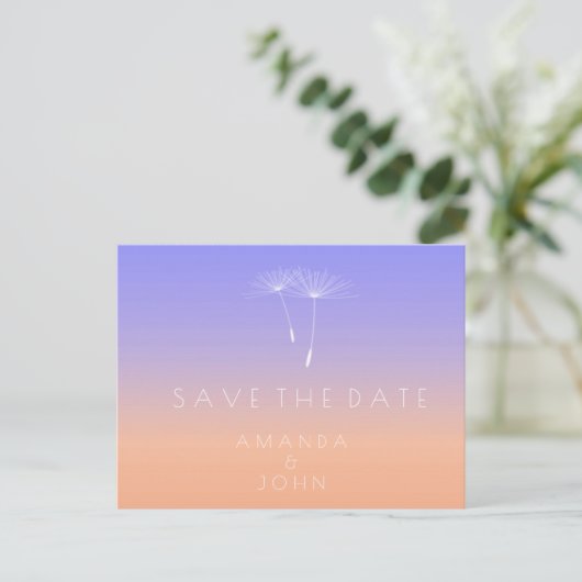 Save the Date Peach Lavender Blue Dandelion Ombre Ankündigungspostkarte (Stehend Vorderseite)