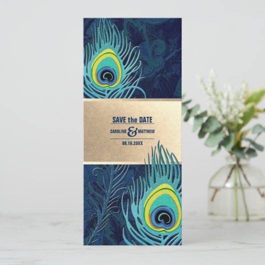 Save The Date. Peacock Feather Navy Blue Gold Einladung (Stehend Vorderseite)