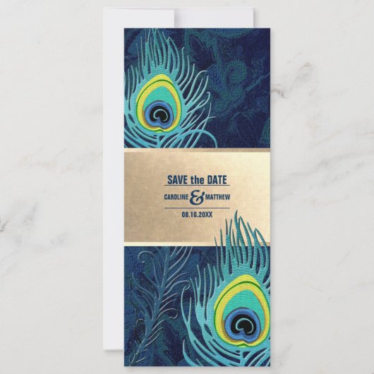 Save The Date. Peacock Feather Navy Blue Gold Einladung (Vorderseite)