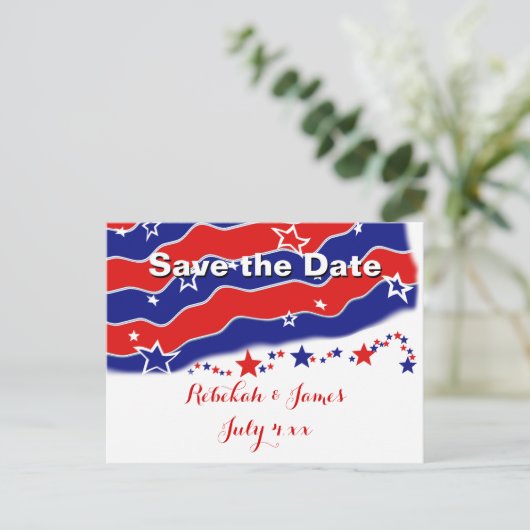 SAVE THE DATE Personalisierte US Flagge Ankündigungspostkarte (Stehend Vorderseite)