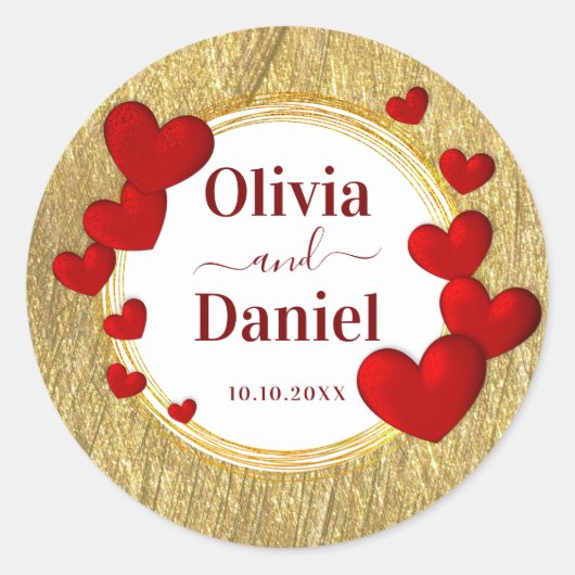 Save the Date, Personalized Wedding Red Hearts Runder Aufkleber (Vorderseite)