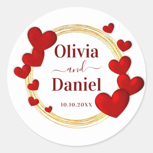 Save the Date, Personalized Wedding Red Hearts Runder Aufkleber (Vorderseite)