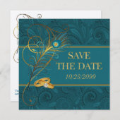 Save the Date Pfau-aquamarine Hochzeit mit Gold (Vorne/Hinten)