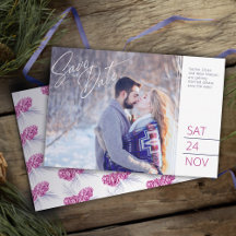 Save the date photo blue purple pine cone art