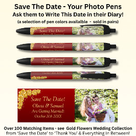 Save The Date - Photo + Gold Flowers Maroon Red Kugelschreiber