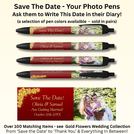 Save The Date - Photo + Gold Flowers Maroon Red Kugelschreiber