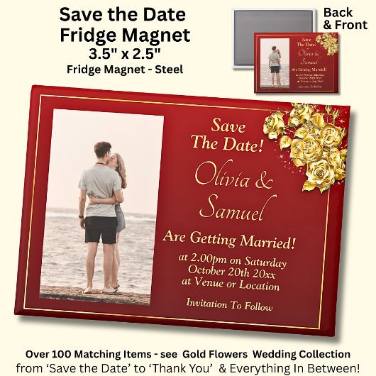 Save The Date Photo, Gold Flowers on Maroon Fridge Magnet