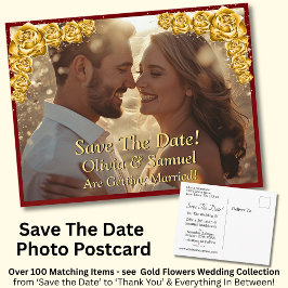 Save The Date, Photo - Gold Roses Maroon Red Ankündigungspostkarte