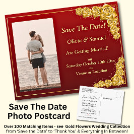 Save The Date, Photo - Gold Roses Maroon Red  Ankündigungspostkarte
