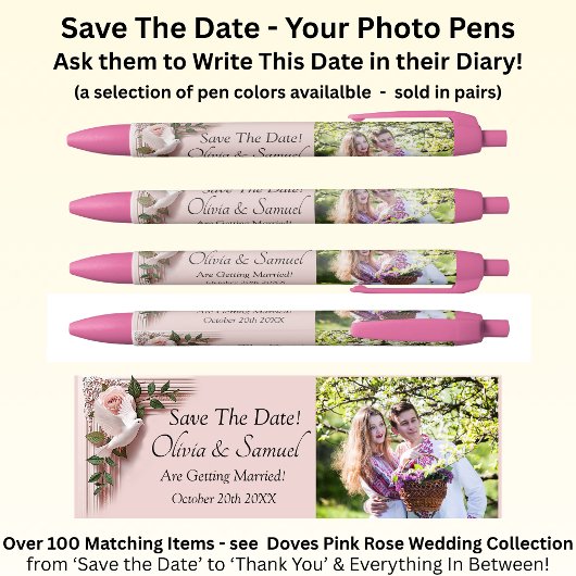 Save The Date - Photo + Pink Roses & Doves Wedding Kugelschreiber