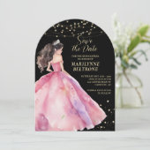 Save the Date Pink Gold Princess Quinceañera Einladung (Stehend Vorderseite)
