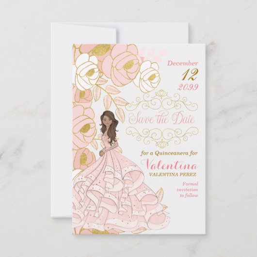 Save the Date Pink Gold Quinceanera (Vorderseite)