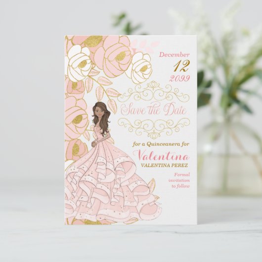 Save the Date Pink Gold Quinceanera (Stehend Vorderseite)