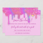 Save the Date Pink Holographic Tropfens Pastel (Vorne/Hinten)