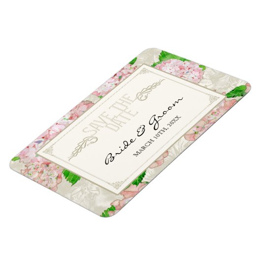 Save the Date, Pink Hydrangea Spitzen, formale For Magnet (Linke Seite)