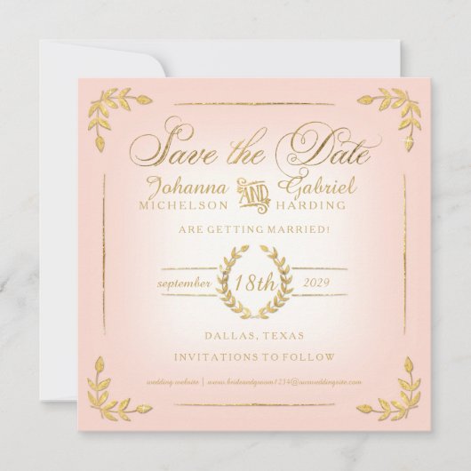 Save the Date, Pink n Gold Laurel Leaf Typografie Date (Vorderseite)