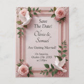 Save The Date - Pink Roses & Doves Wedding Ankündigungspostkarte (Vorderseite)