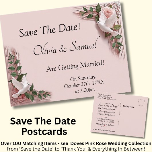 Save The Date - Pink Roses & Doves Wedding Ankündigungspostkarte