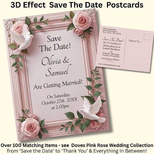 Save The Date - Pink Roses & Doves Wedding Ankündigungspostkarte