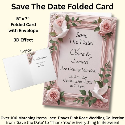 Save The Date - Pink Roses & Doves Wedding Karte