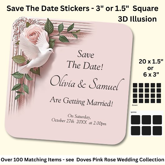 Save The Date - Pink Roses & Doves Wedding Quadratischer Aufkleber