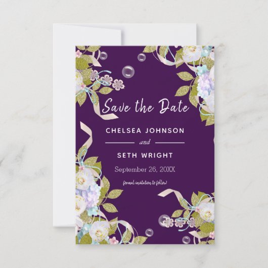 Save the Date Plum Lila und Frühlingsblumen (Vorderseite)