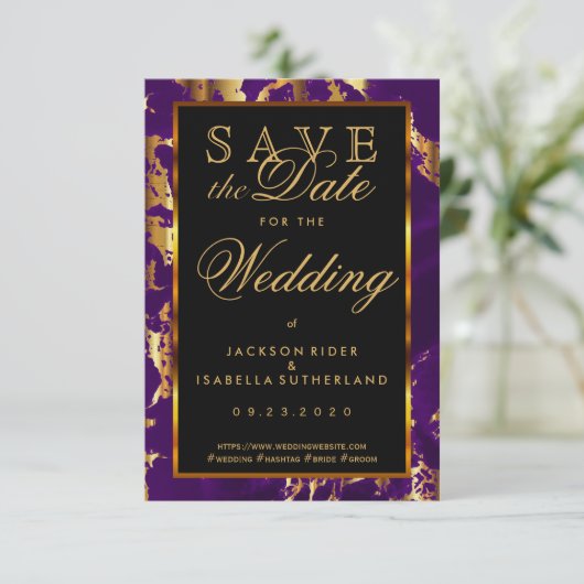 Save the Date Plum Lila und Gold-Marmor 2 (Stehend Vorderseite)
