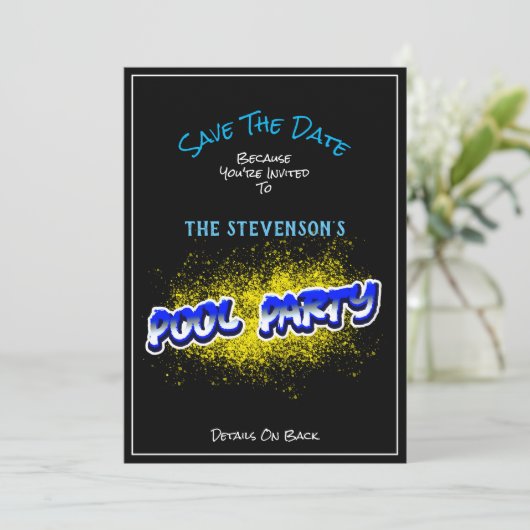 Save the Date Pool Party Einladung Gelber Schlag (Stehend Vorderseite)